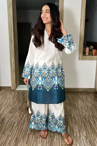 White cotton poly embroidered kurta set