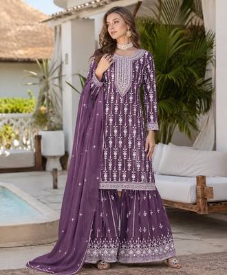 Purple embroidered faux georgette semi stitched salwar suit 1