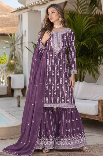 Purple embroidered faux georgette semi stitched salwar suit
