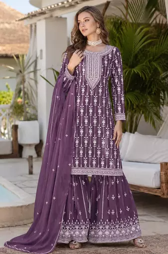 Purple embroidered faux georgette semi stitched salwar suit
