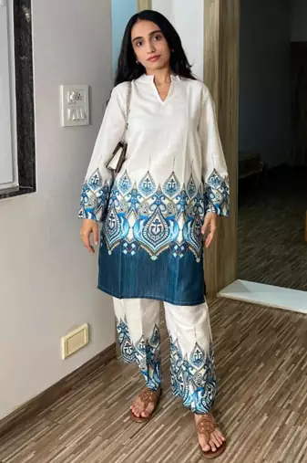 White cotton poly embroidered kurta set
