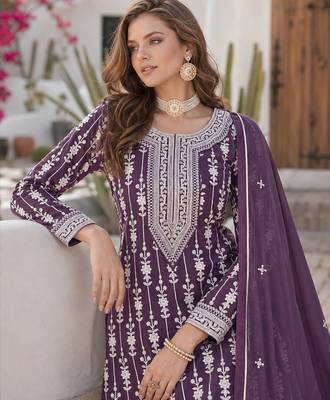 Purple embroidered faux georgette semi stitched salwar suit 2