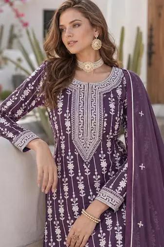 Purple embroidered faux georgette semi stitched salwar suit