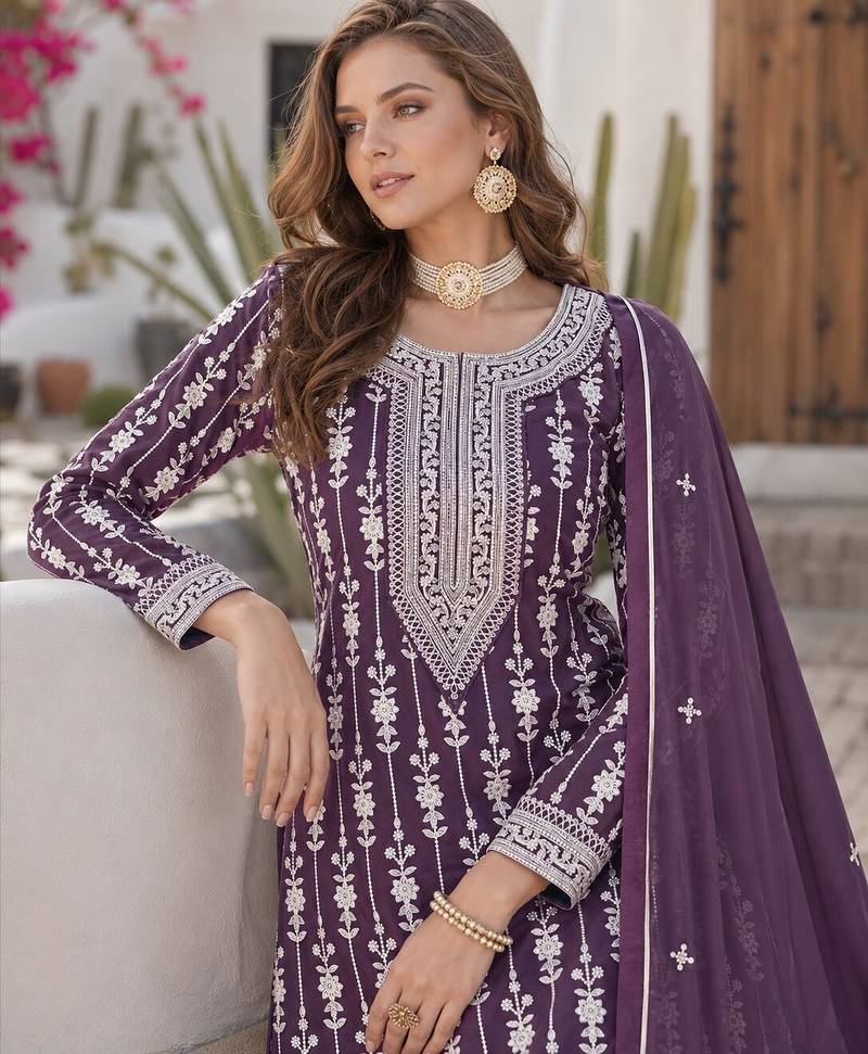 Purple embroidered faux georgette semi stitched salwar suit