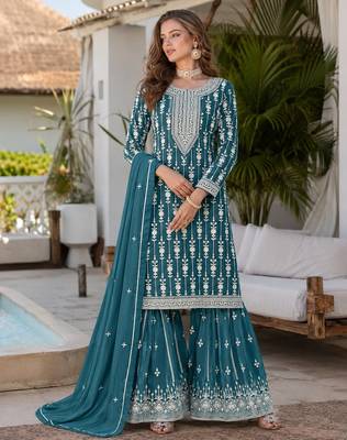 Teal embroidered faux georgette semi stitched salwar suit 1