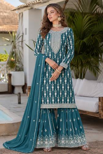 Teal embroidered faux georgette semi stitched salwar suit