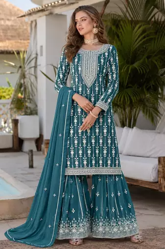 Teal embroidered faux georgette semi stitched salwar suit