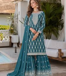 Teal embroidered faux georgette semi stitched salwar suit