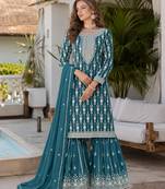 Teal embroidered faux georgette semi stitched salwar suit