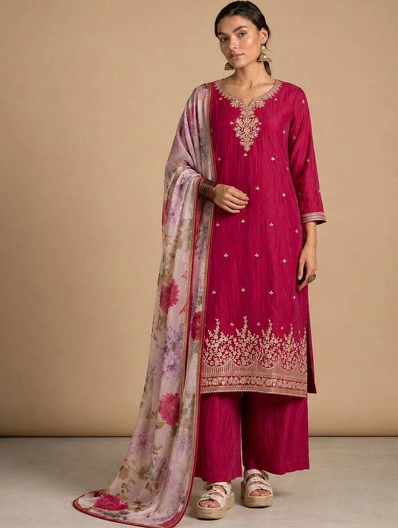 Women Ethnic Motifs Embroidered Regular Thread Work Kurta with Palazzos & With Dupatta