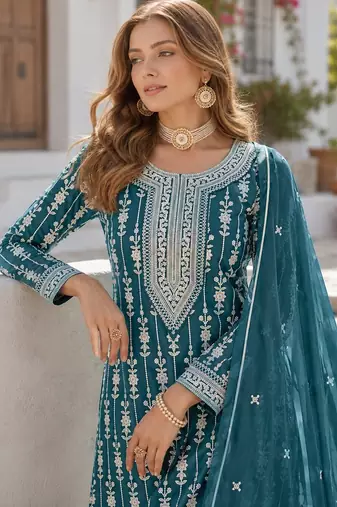 Teal embroidered faux georgette semi stitched salwar suit