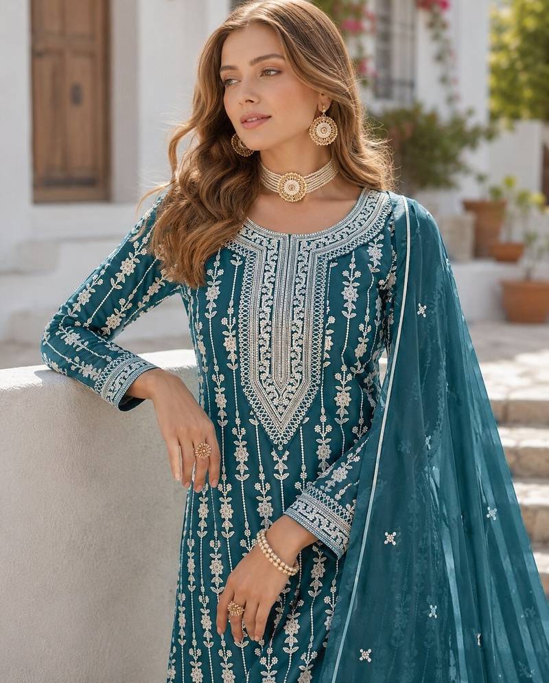 Teal embroidered faux georgette semi stitched salwar suit