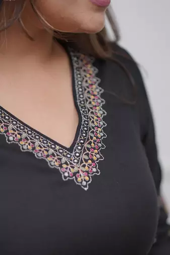 Black silk blend embroidered kurta set