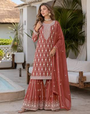 Brown embroidered faux georgette semi stitched salwar suit 1