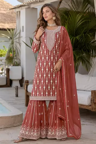 Brown embroidered faux georgette semi stitched salwar suit