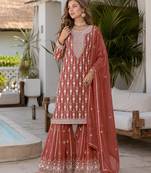 Brown embroidered faux georgette semi stitched salwar suit