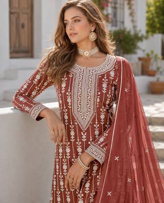 Brown embroidered faux georgette semi stitched salwar suit 2