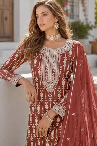 Brown embroidered faux georgette semi stitched salwar suit