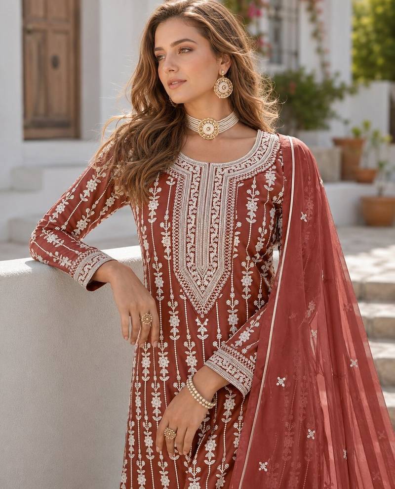 Brown embroidered faux georgette semi stitched salwar suit