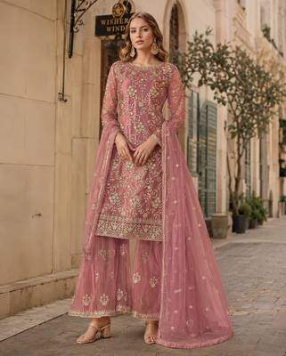 Pink embroidered net semi stitched salwar suit 1