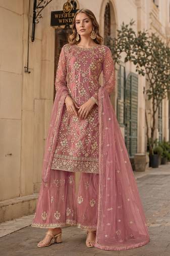 Pink embroidered net semi stitched salwar suit