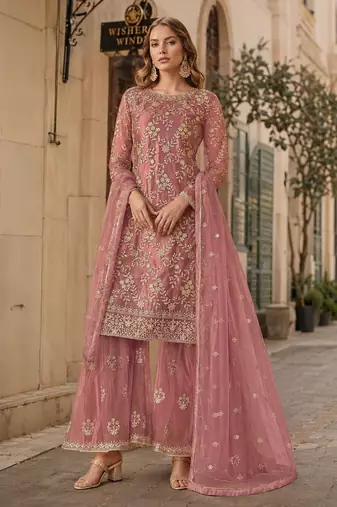 Pink embroidered net semi stitched salwar suit