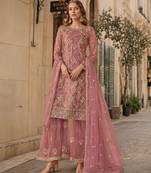 Pink embroidered net semi stitched salwar suit