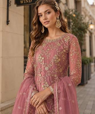 Pink embroidered net semi stitched salwar suit 2