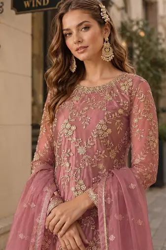 Pink embroidered net semi stitched salwar suit
