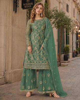 Green embroidered net semi stitched salwar suit 1