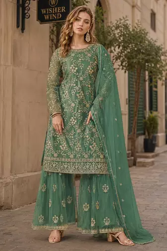 Green embroidered net semi stitched salwar suit
