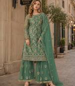 Green embroidered net semi stitched salwar suit
