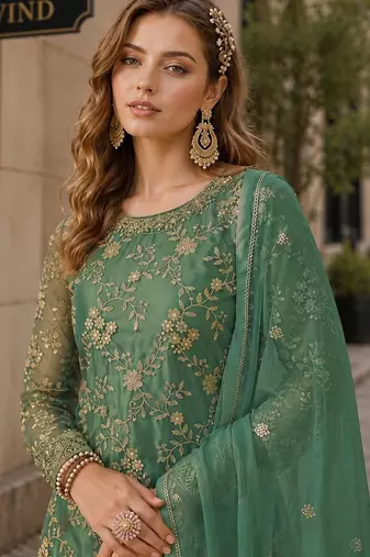 Green embroidered net semi stitched salwar suit