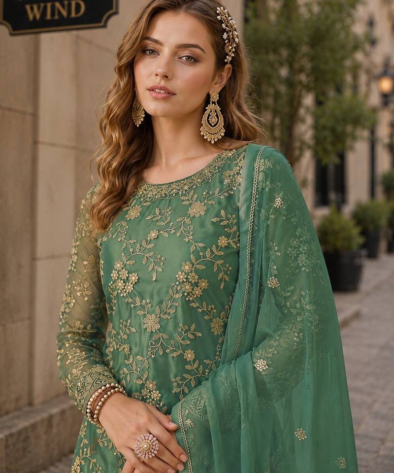 Green embroidered net semi stitched salwar suit