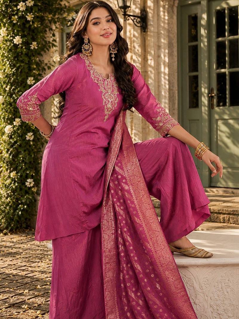 Women Ethnic Motifs Embroidered Regular Kurta with Palazzos & With Dupatta