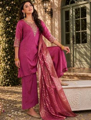 Women Ethnic Motifs Embroidered Regular Kurta with Palazzos & With Dupatta 3