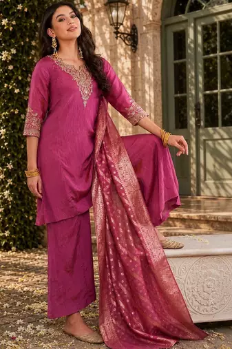 Women Ethnic Motifs Embroidered Regular Kurta with Palazzos & With Dupatta