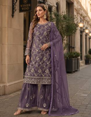 Purple embroidered net semi stitched salwar suit 1