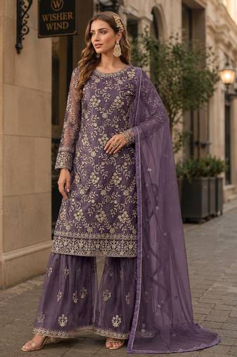 Purple embroidered net semi stitched salwar suit