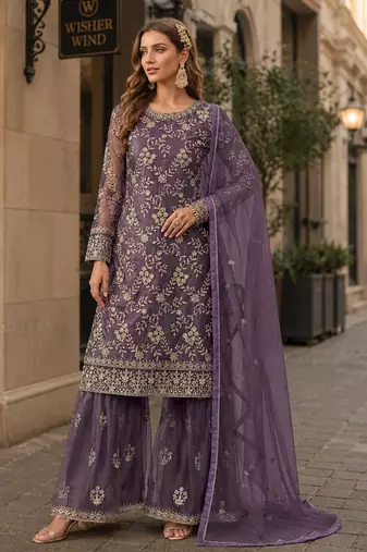 Purple embroidered net semi stitched salwar suit