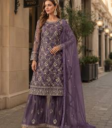 Purple embroidered net semi stitched salwar suit
