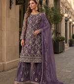 Purple embroidered net semi stitched salwar suit