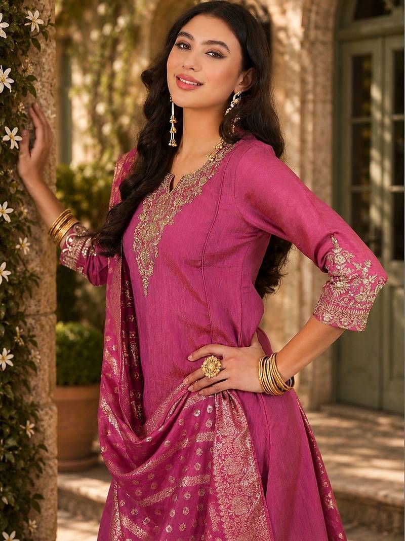 Women Ethnic Motifs Embroidered Regular Kurta with Palazzos & With Dupatta