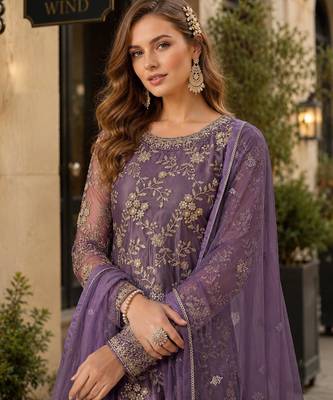 Purple embroidered net semi stitched salwar suit 2