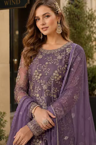 Purple embroidered net semi stitched salwar suit