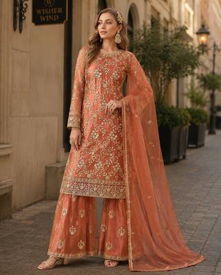Brown embroidered net semi stitched salwar suit 1