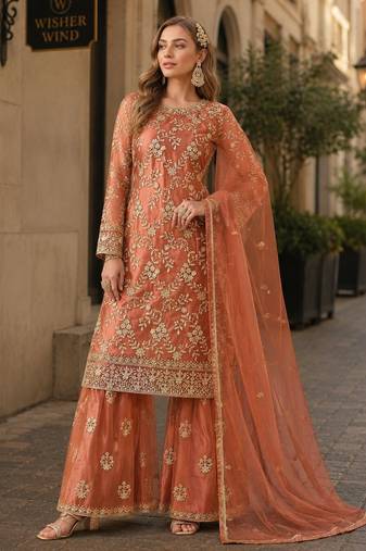 Brown embroidered net semi stitched salwar suit