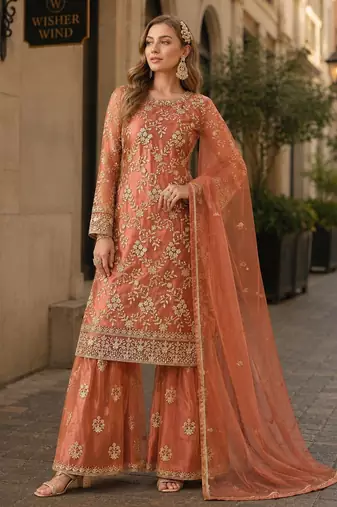 Brown embroidered net semi stitched salwar suit