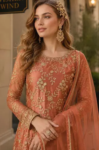 Brown embroidered net semi stitched salwar suit