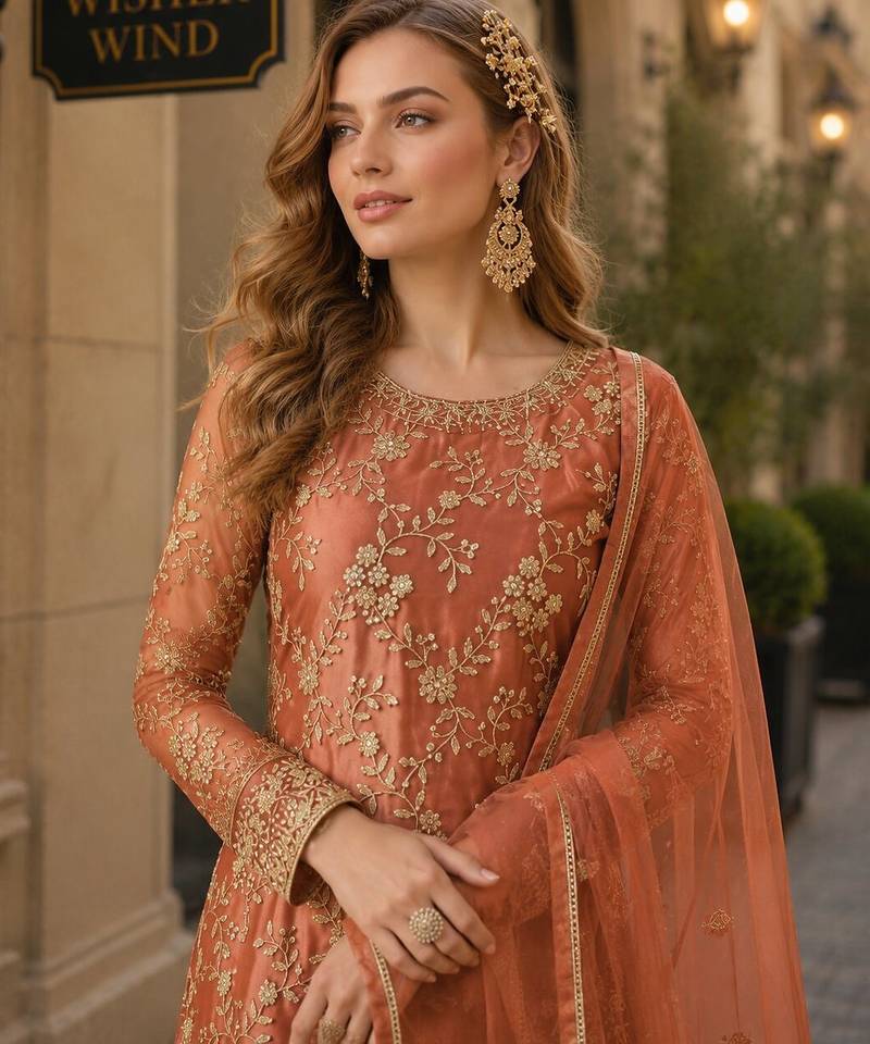 Brown embroidered net semi stitched salwar suit